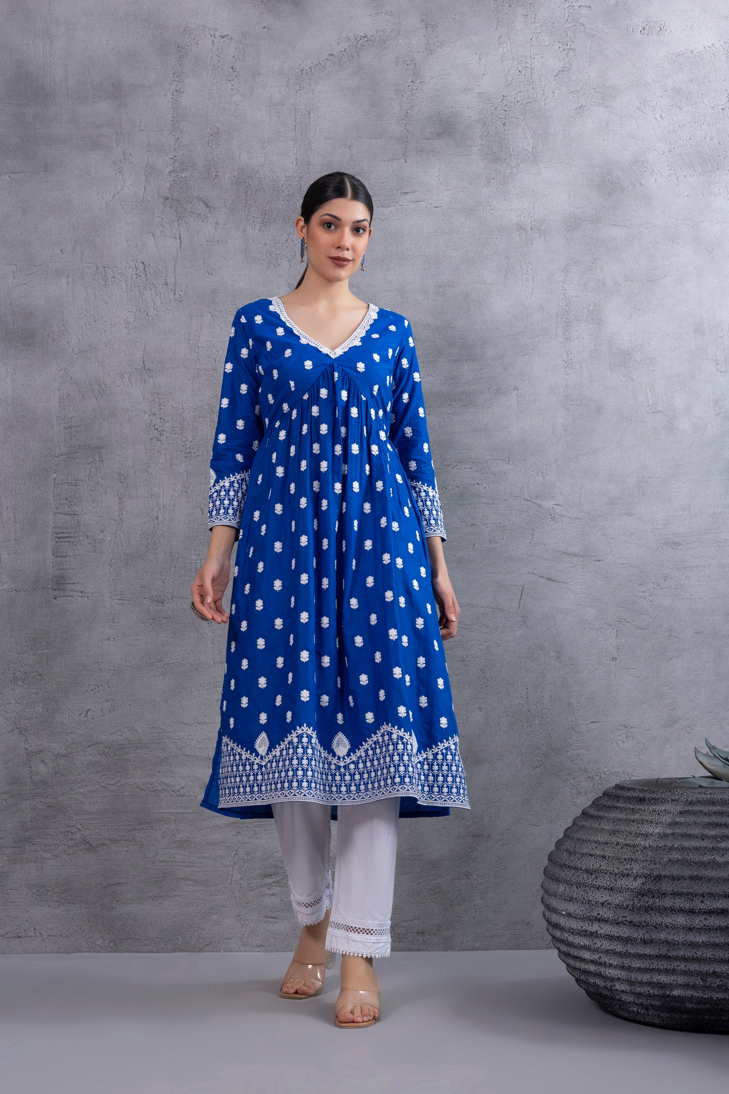 Royal Blue White Embroidered Kurta Set