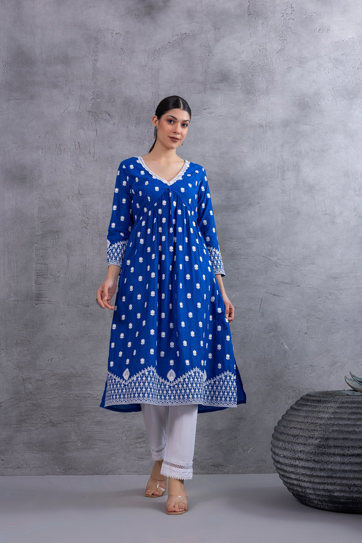 Royal Blue White Embroidered Kurta Set