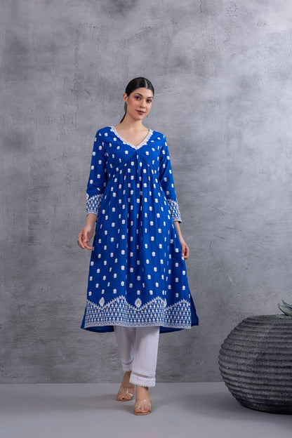 Royal Blue White Embroidered Kurta Set