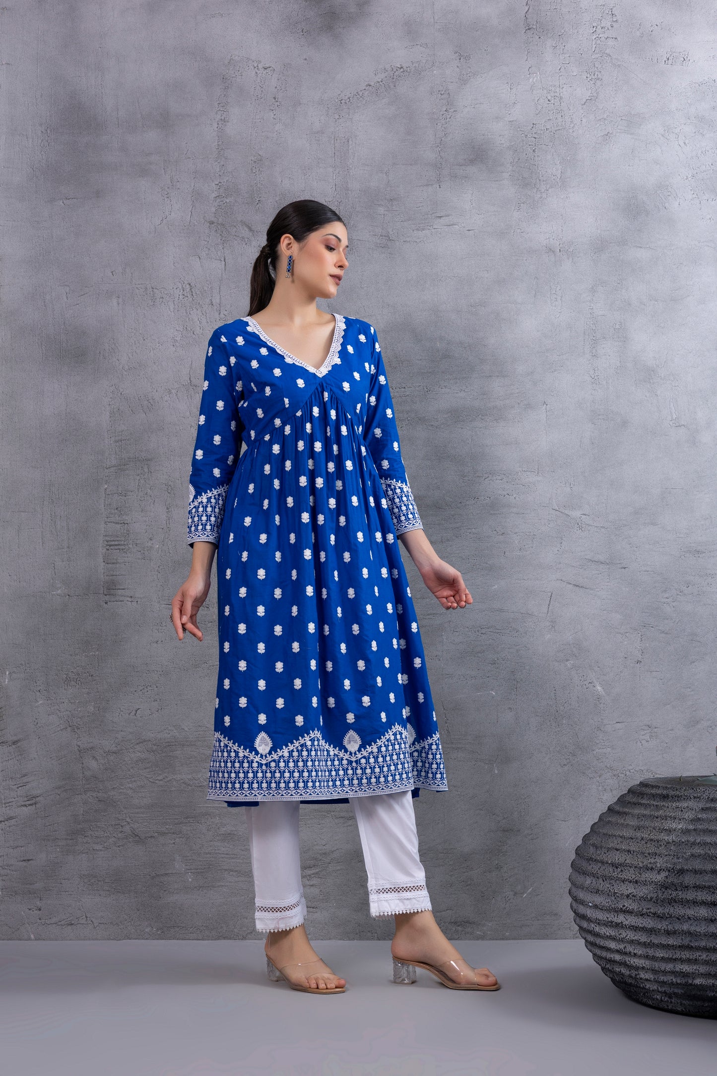 Royal Blue White Embroidered Kurta Set