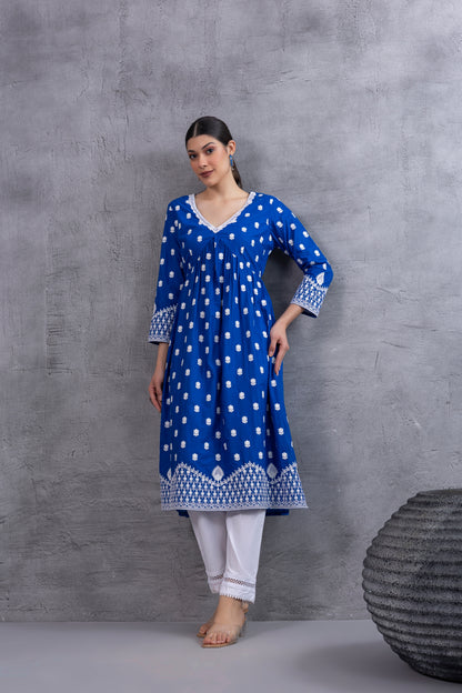 Royal Blue White Embroidered Kurta Set