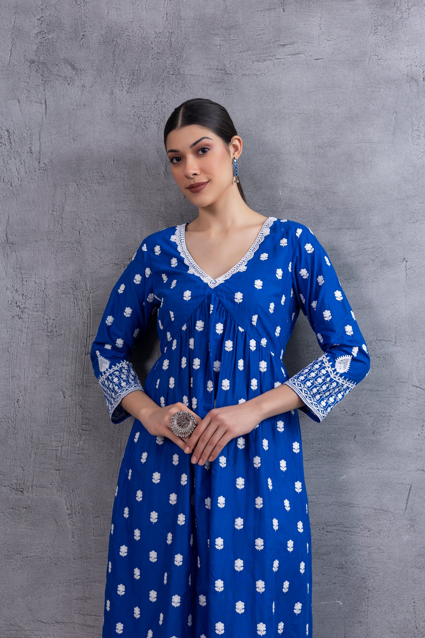 Royal Blue White Embroidered Kurta Set
