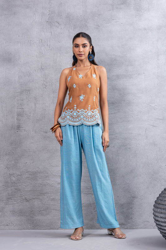CARAMEL BLUE EMBROIDERED HALTER CO-ORD SET