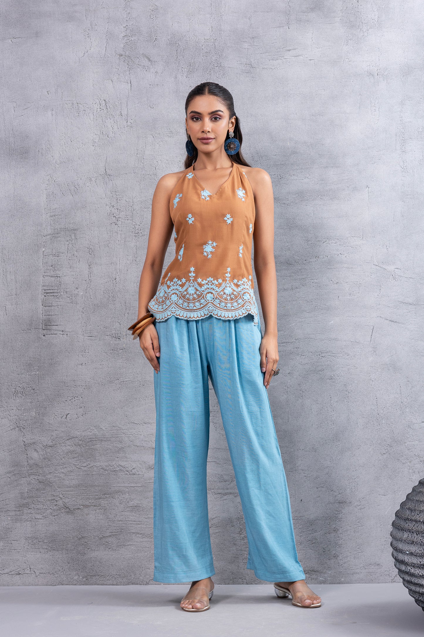 Caramel Blue Embroidered Halter Top