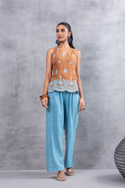 CARAMEL BLUE EMBROIDERED HALTER CO-ORD SET