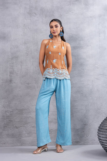 CARAMEL BLUE EMBROIDERED HALTER CO-ORD SET