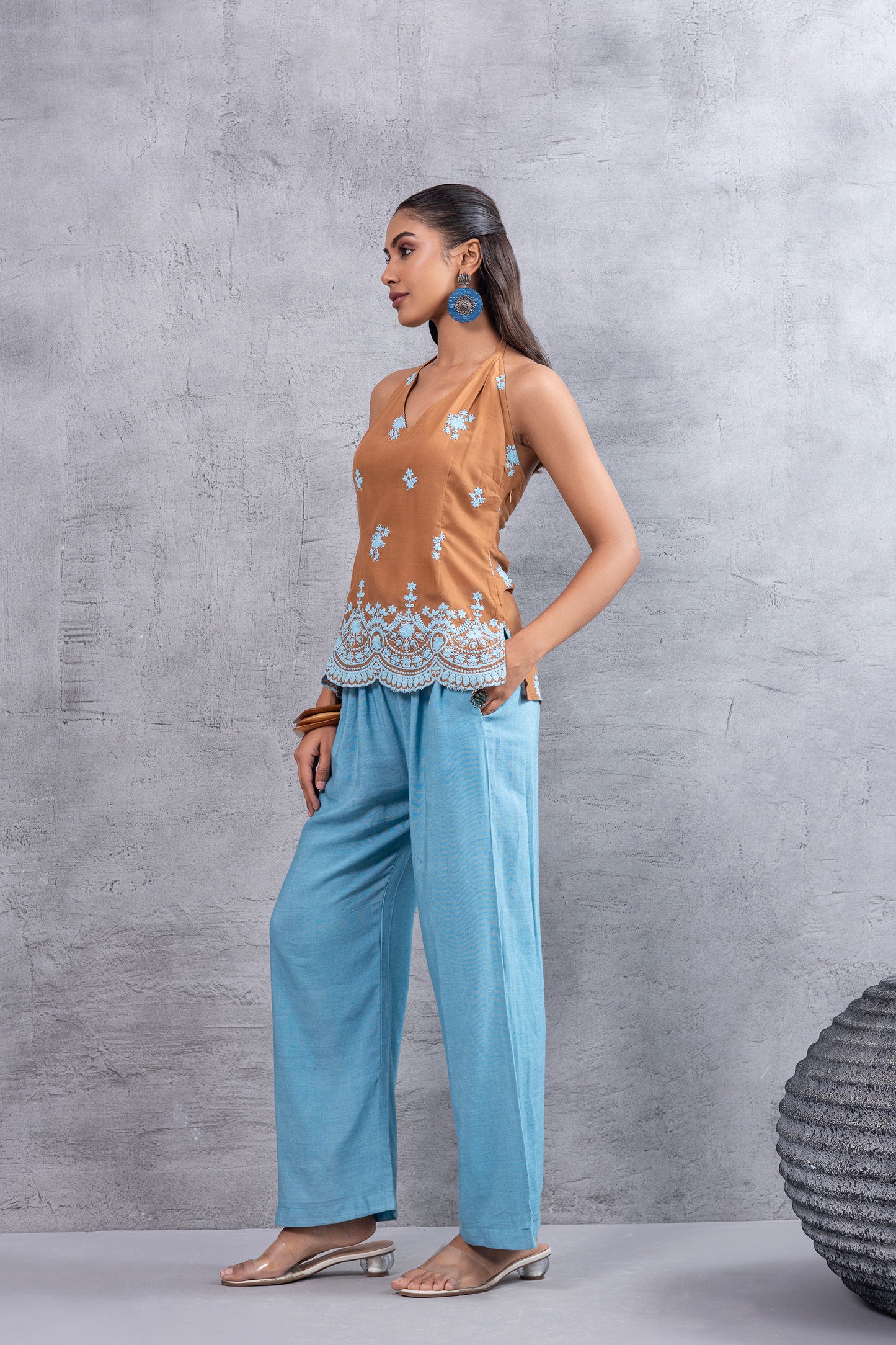 Caramel Blue Embroidered Halter Top