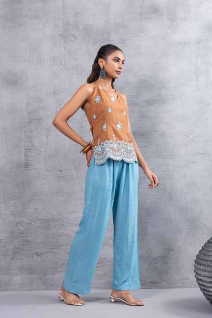Caramel Blue Embroidered Halter Top