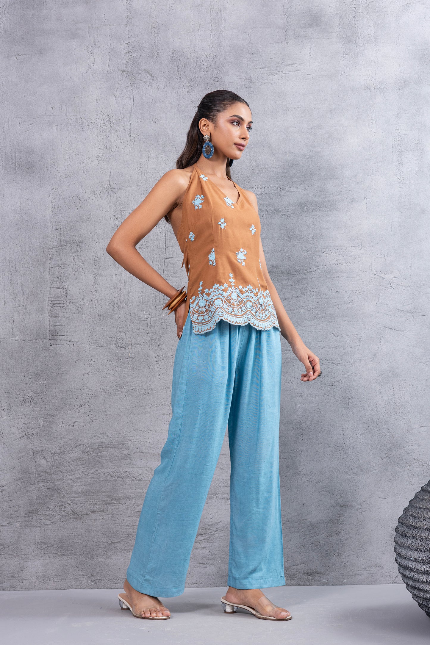 CARAMEL BLUE EMBROIDERED HALTER CO-ORD SET