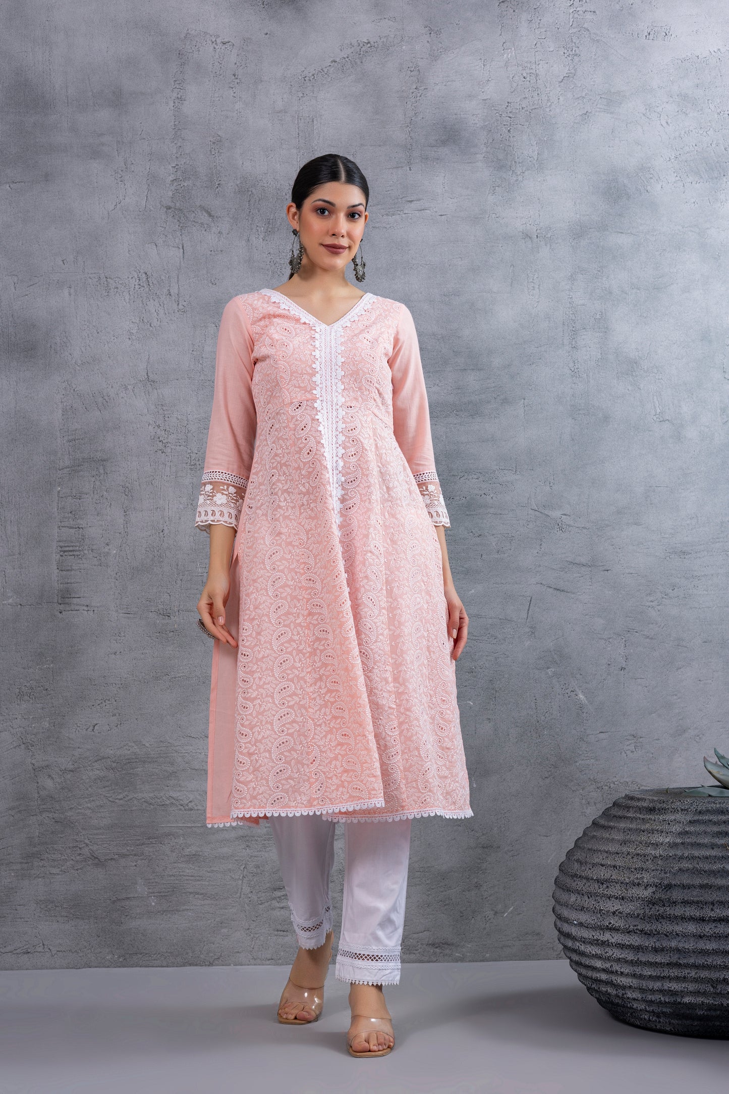 Peach Lucknowi Chikankari Kurta