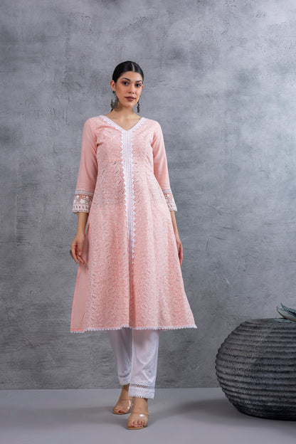 Peach Lucknowi Chikankari Kurta