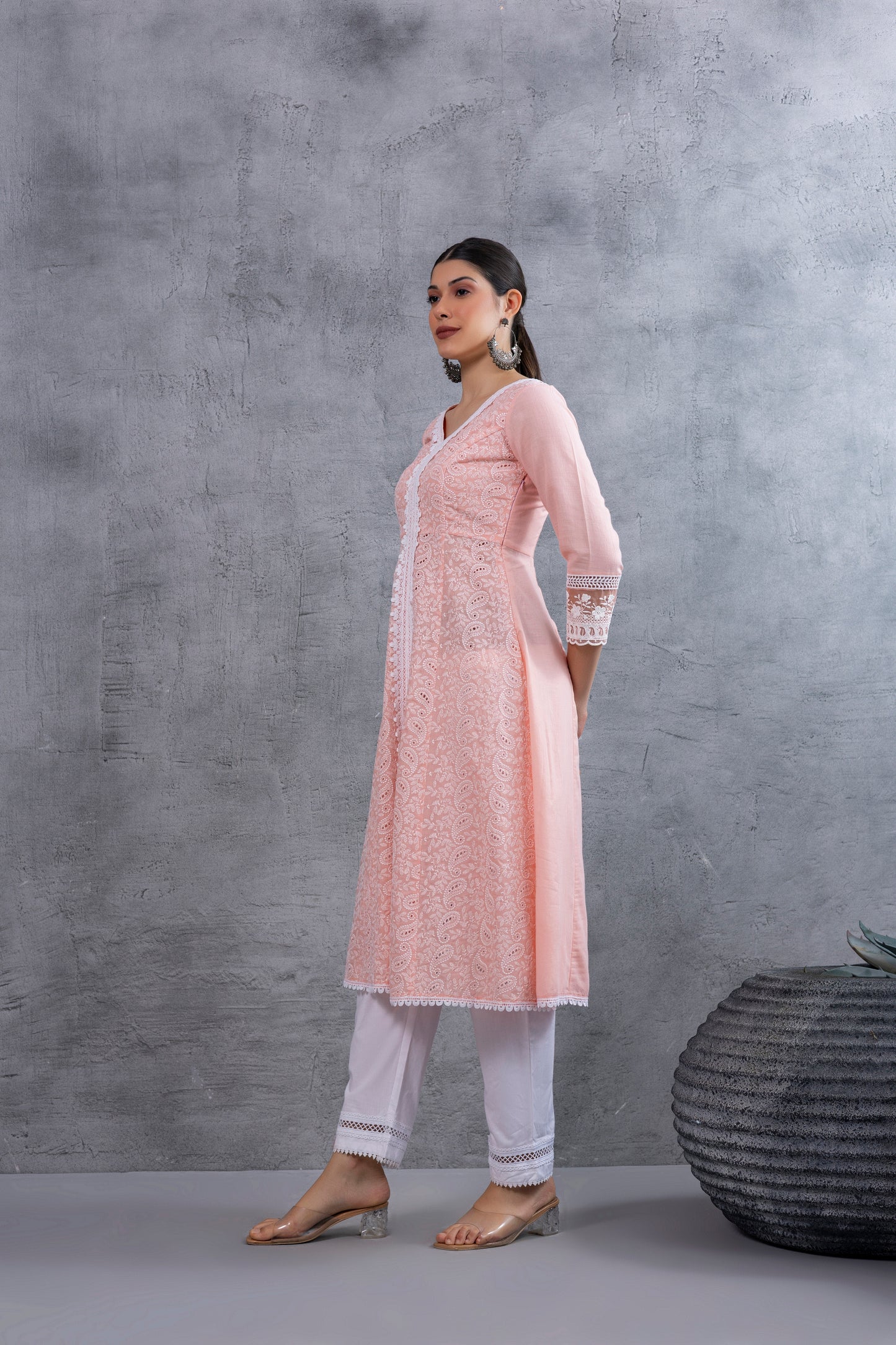 Peach Lucknowi Chikankari Kurta