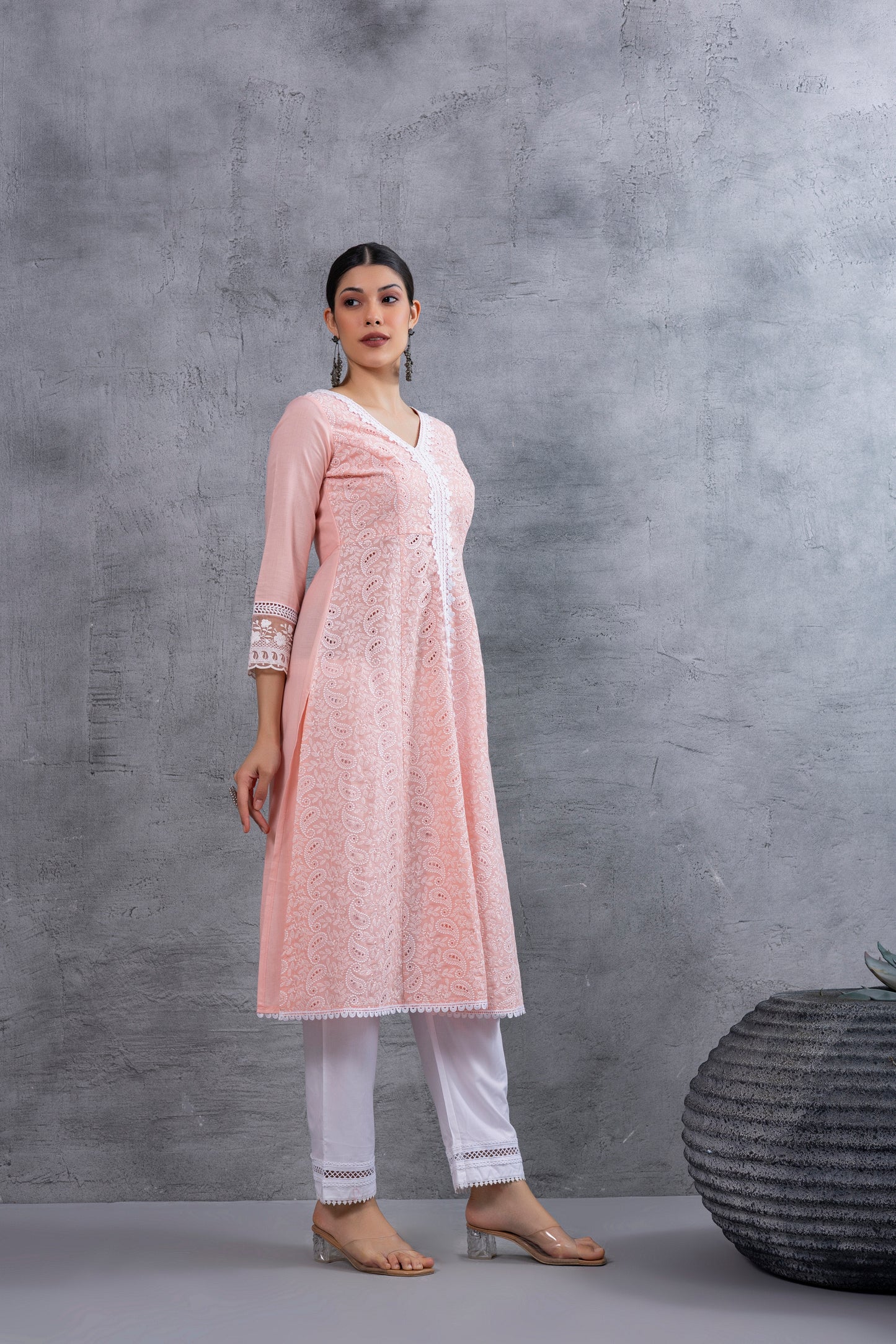 Peach Lucknowi Chikankari Kurta Set