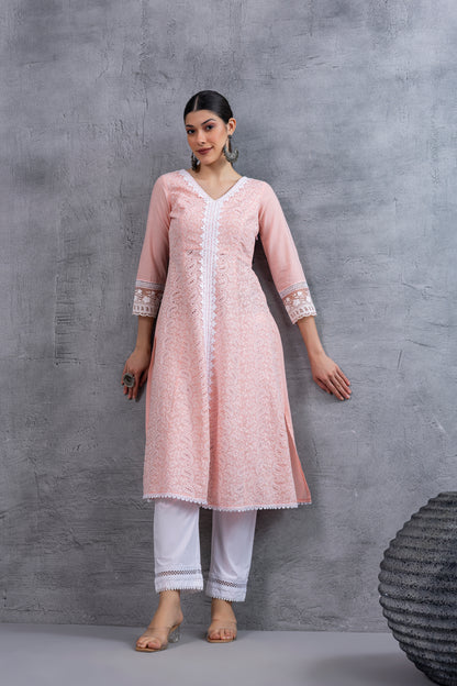 Peach Lucknowi Chikankari Kurta