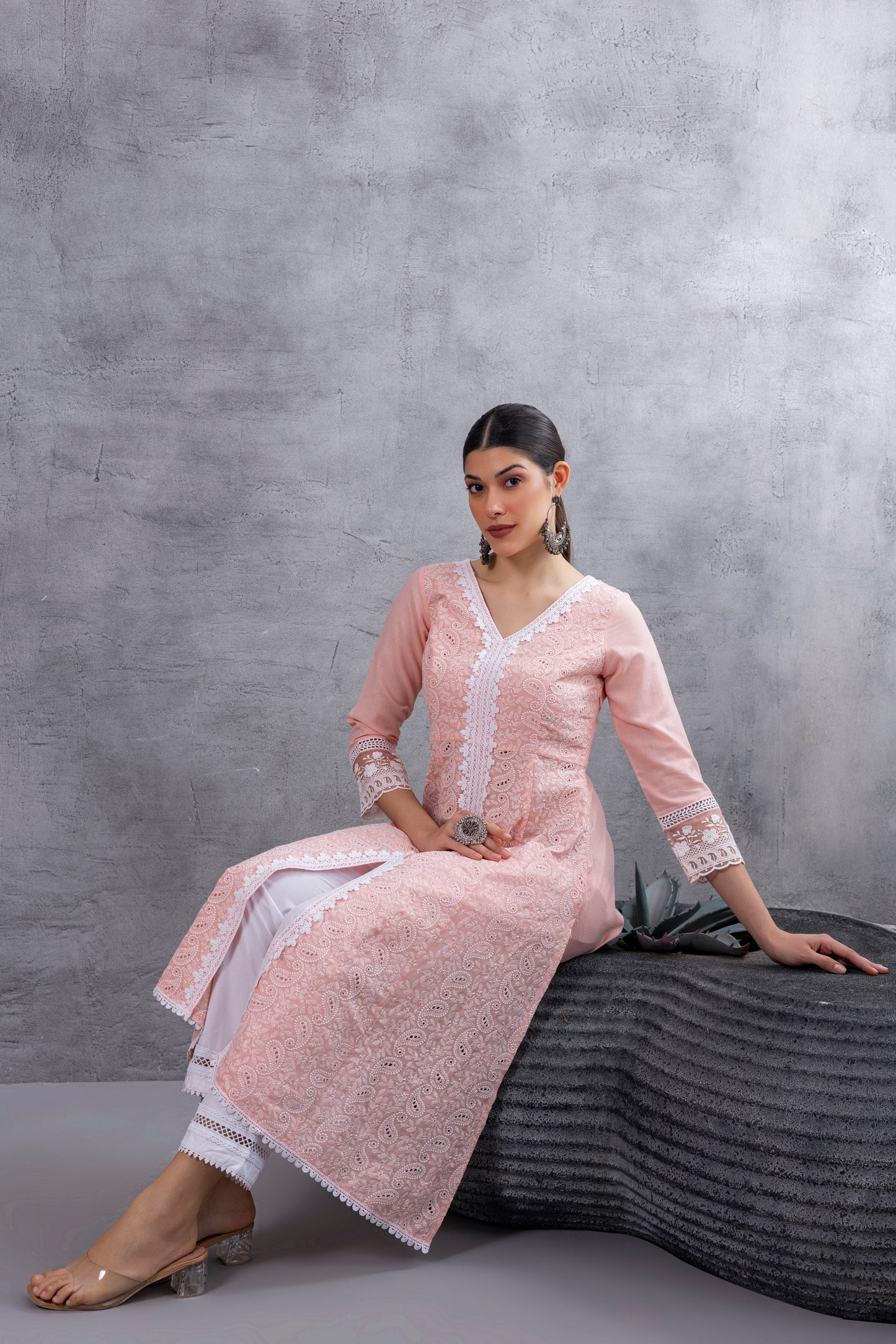 Peach Lucknowi Chikankari Kurta