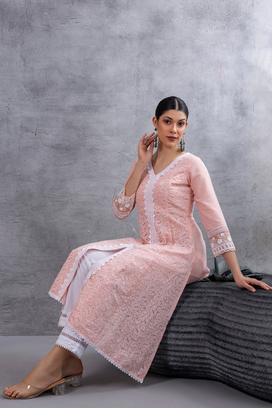 Peach Lucknowi Chikankari Kurta Set