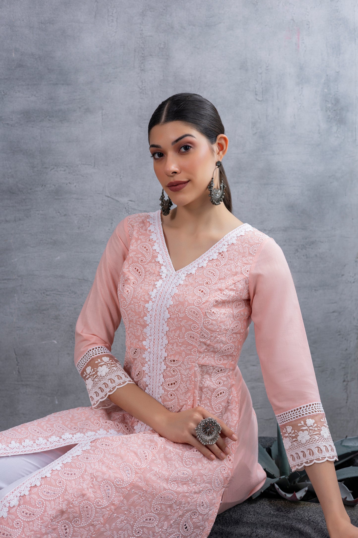 Peach Lucknowi Chikankari Kurta