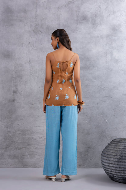BROWN BLUE EMBROIDERED SHORT KURTA SET