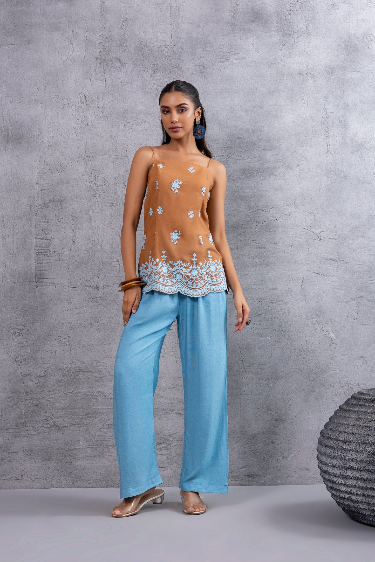 BROWN BLUE EMBROIDERED SHORT KURTA SET