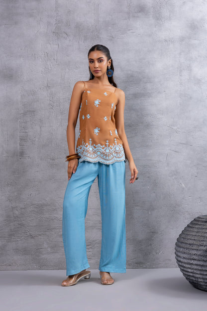 BROWN BLUE EMBROIDERED SHORT KURTA SET