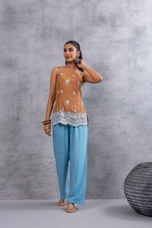 BROWN BLUE EMBROIDERED SHORT KURTA SET