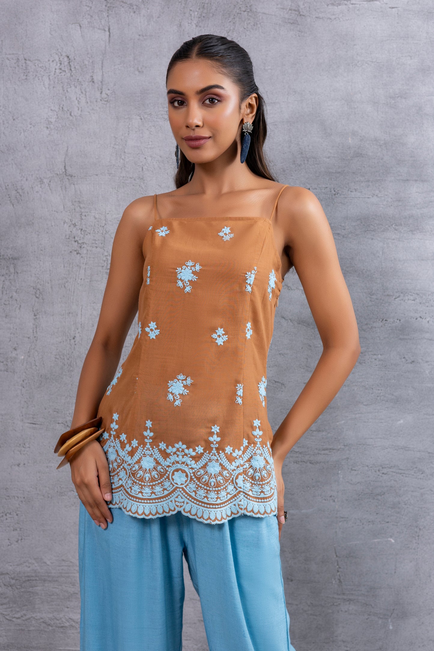 Brown Blue Embroidered Top