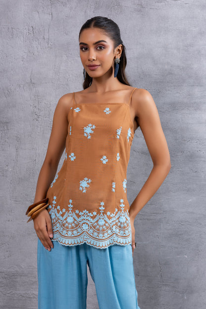 Brown Blue Embroidered Top