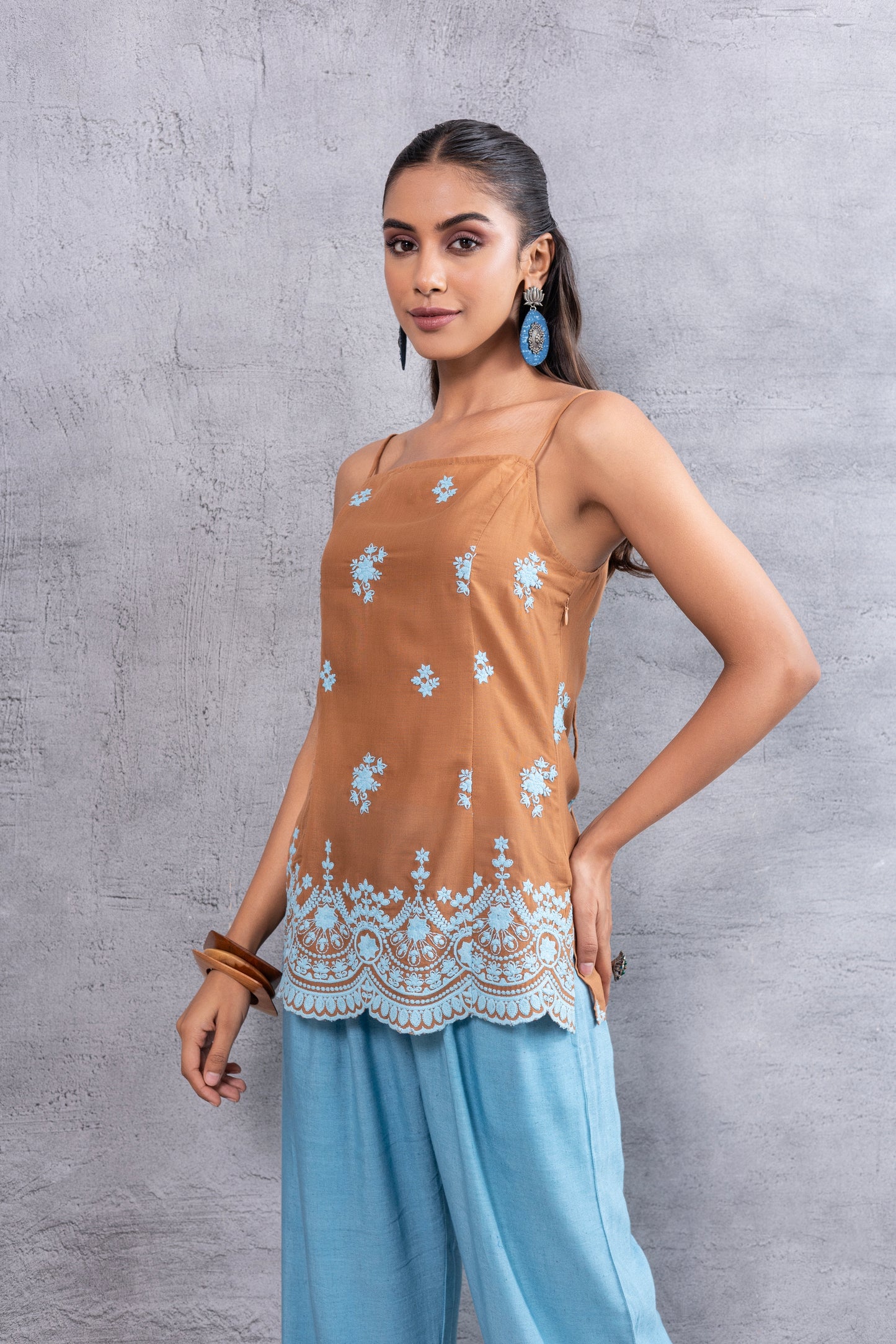 Brown Blue Embroidered Top