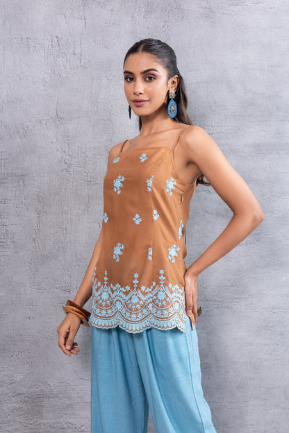 Brown Blue Embroidered Top
