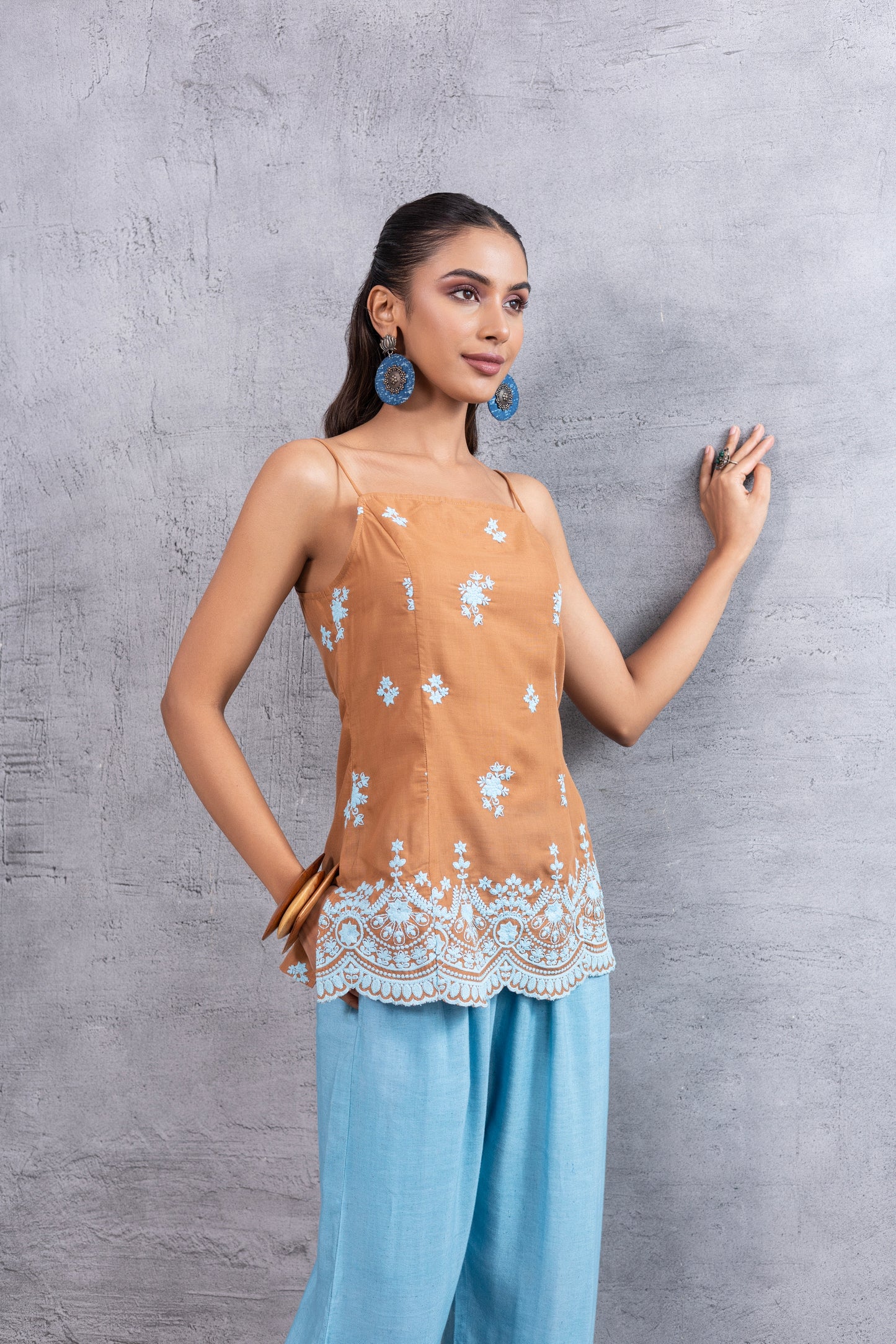 Brown Blue Embroidered Top