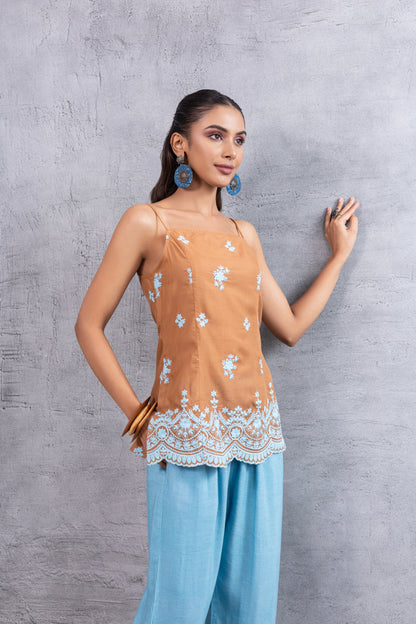 Brown Blue Embroidered Top