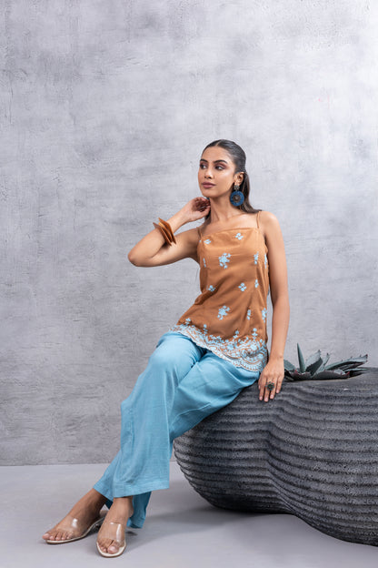 BROWN BLUE EMBROIDERED SHORT KURTA SET