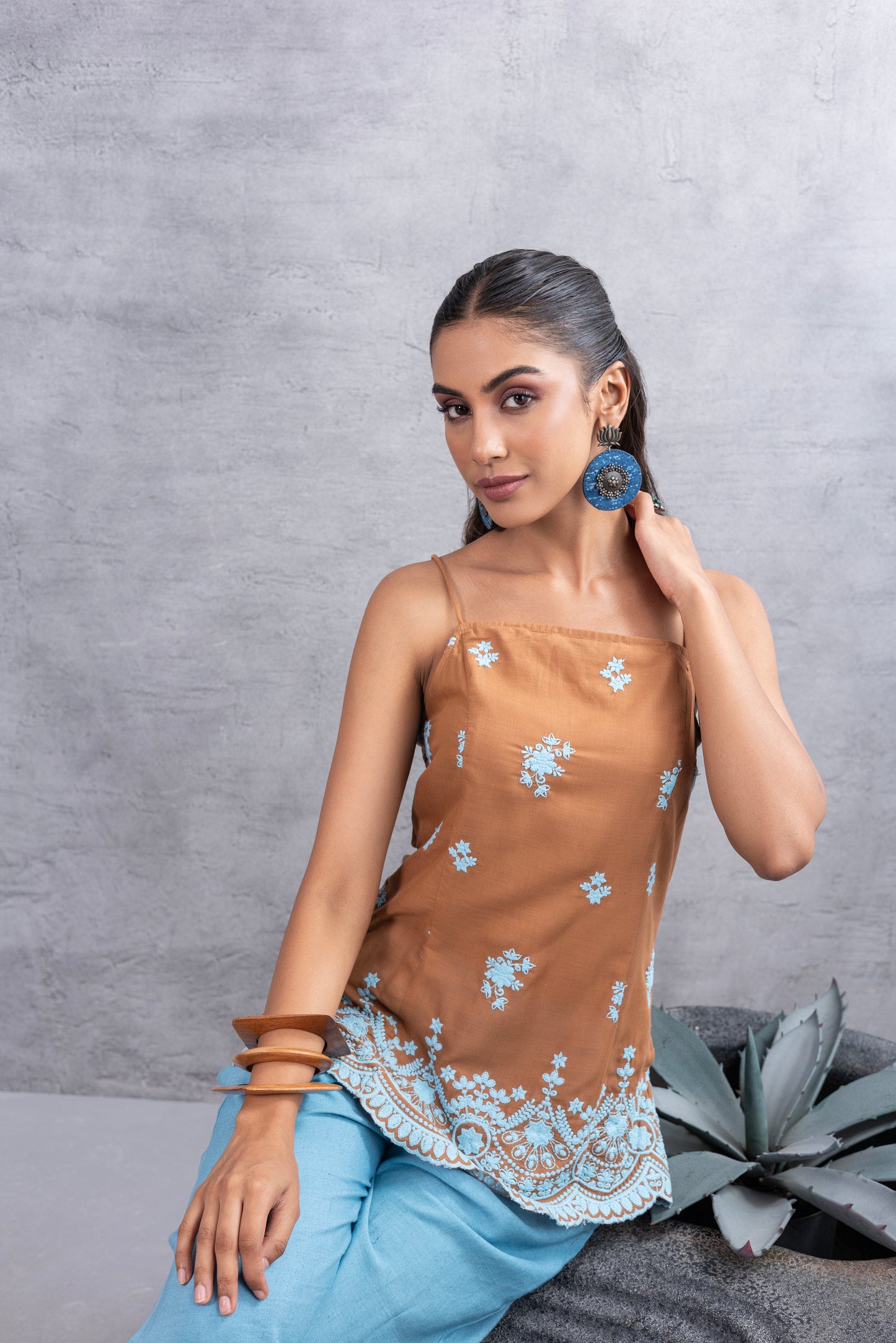 Brown Blue Embroidered Top