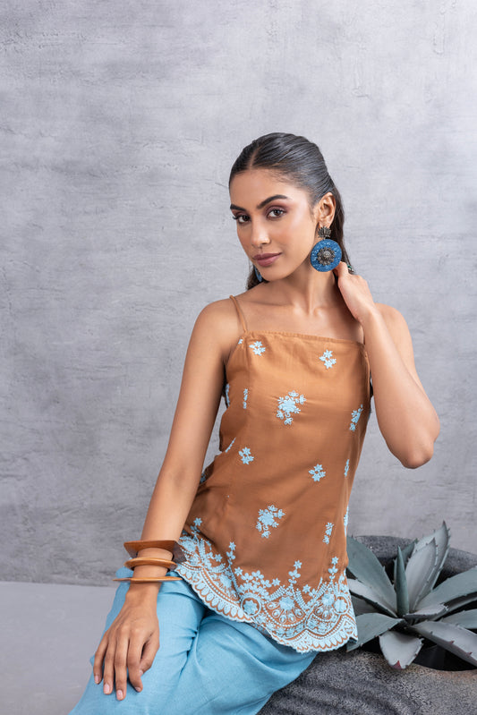 Brown Blue Embroidered Top