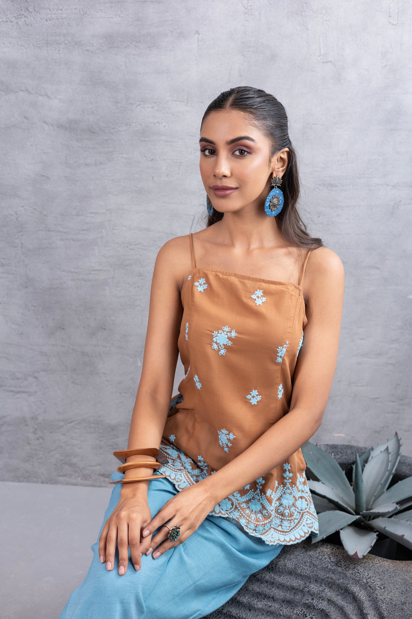 Brown Blue Embroidered Top