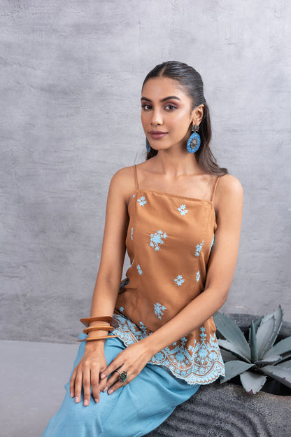 Brown Blue Embroidered Top