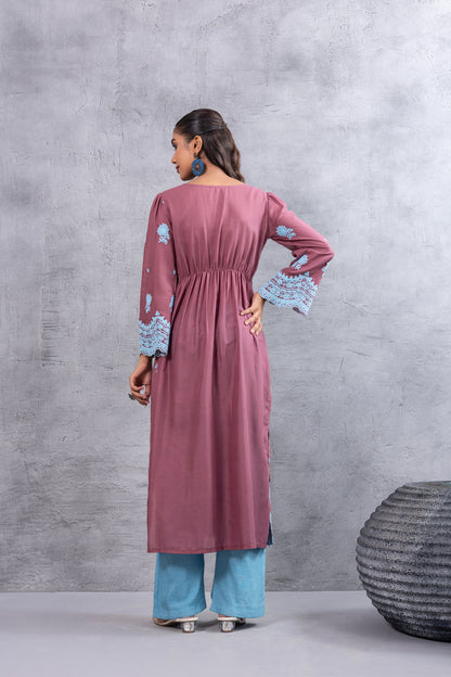 Dusty Pink and Blue embroidered kurta set