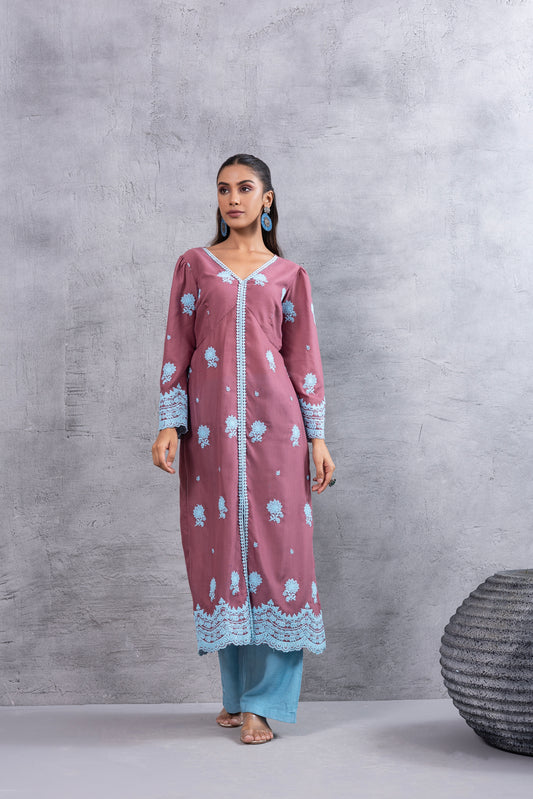 Dusty Pink and Blue embroidered kurta set