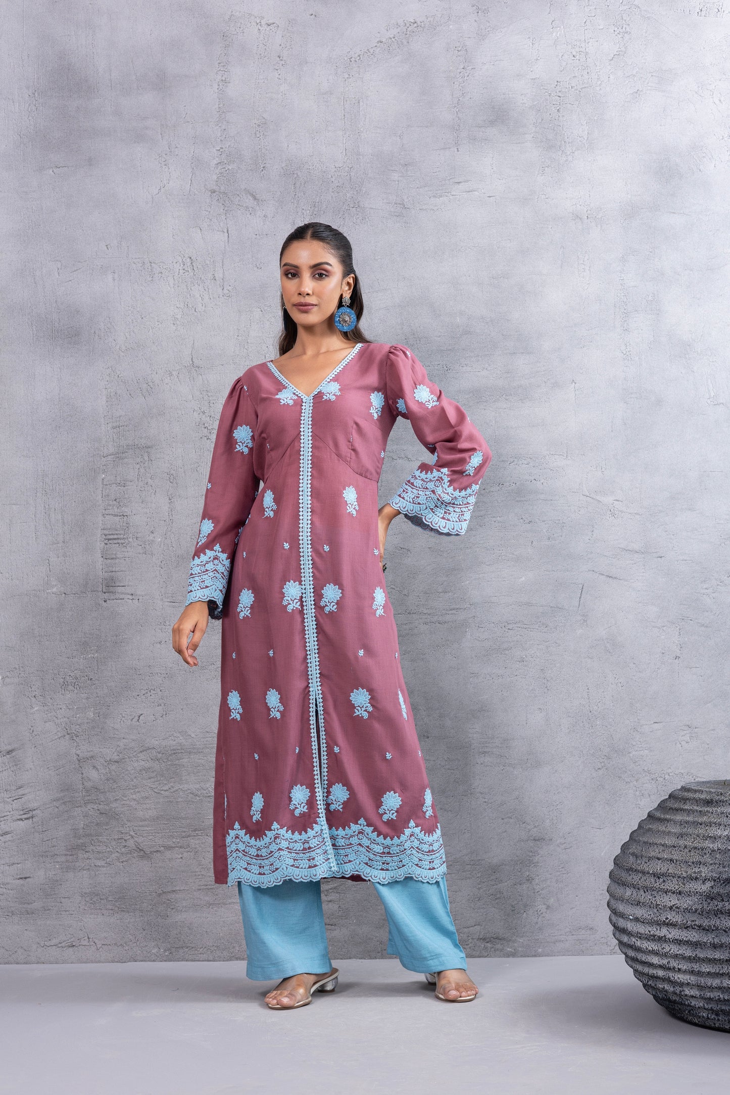 Dusty Pink and Blue embroidered kurta set