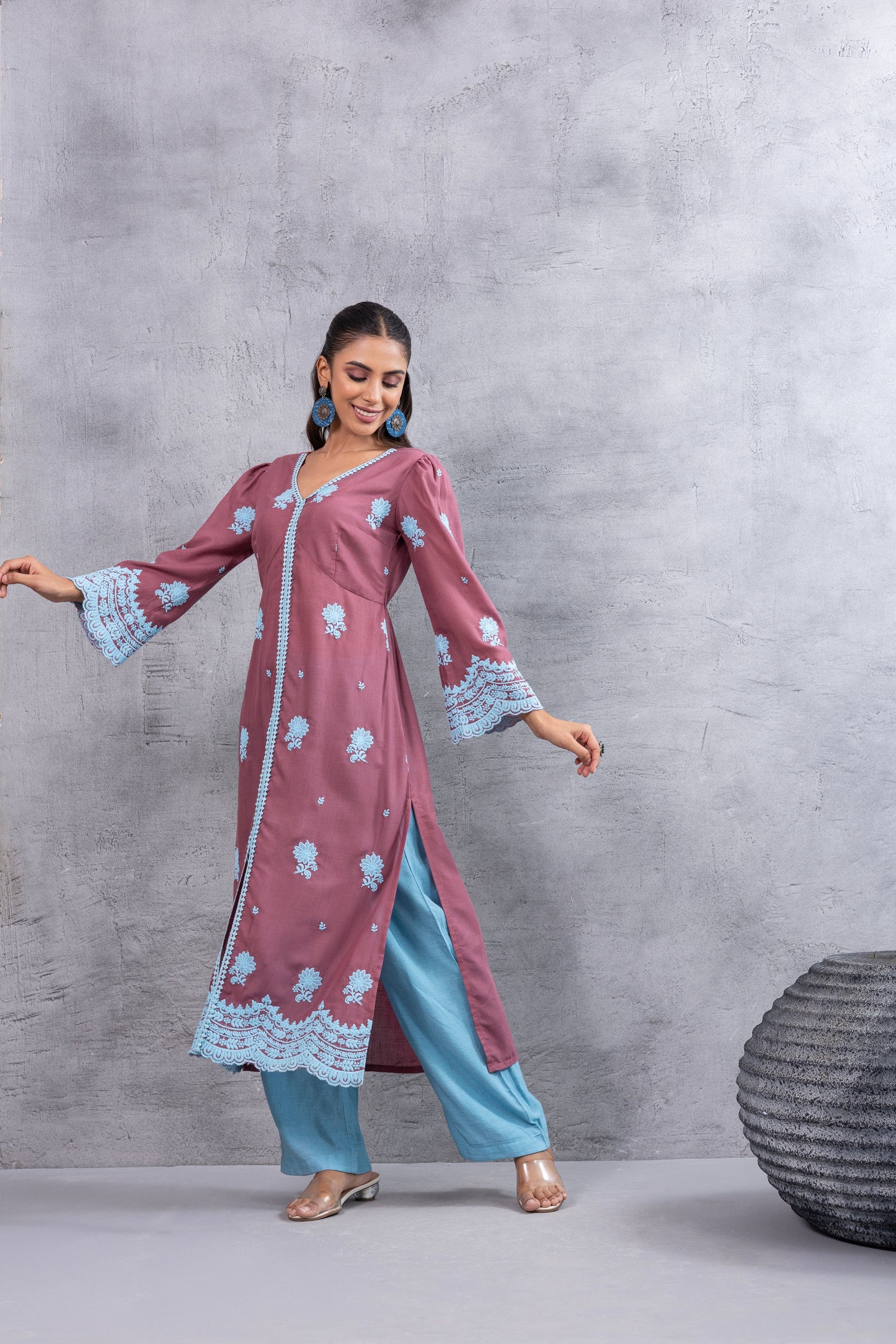 Dusty Pink and Blue embroidered kurta set