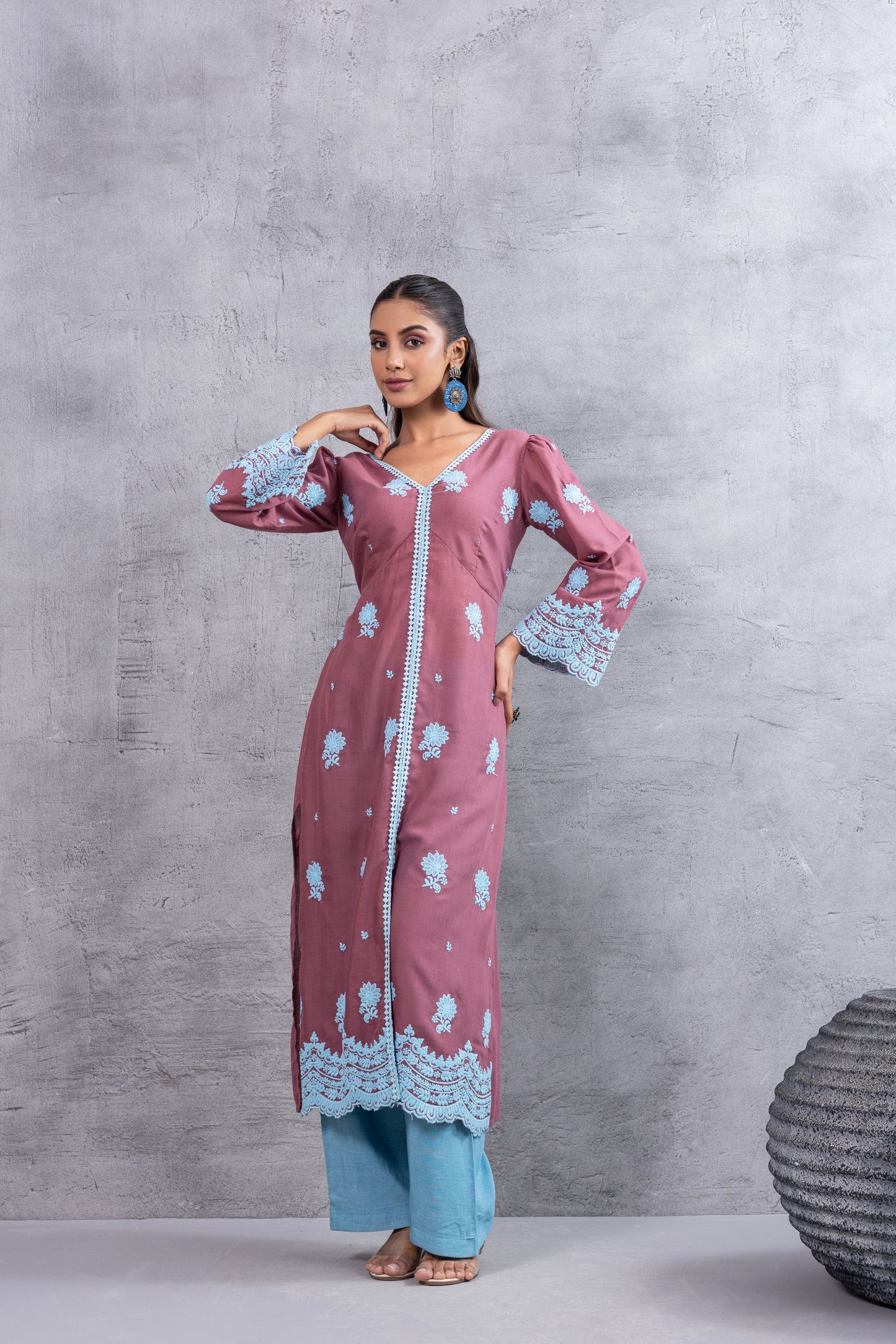 Dusty Pink and Blue embroidered kurta set