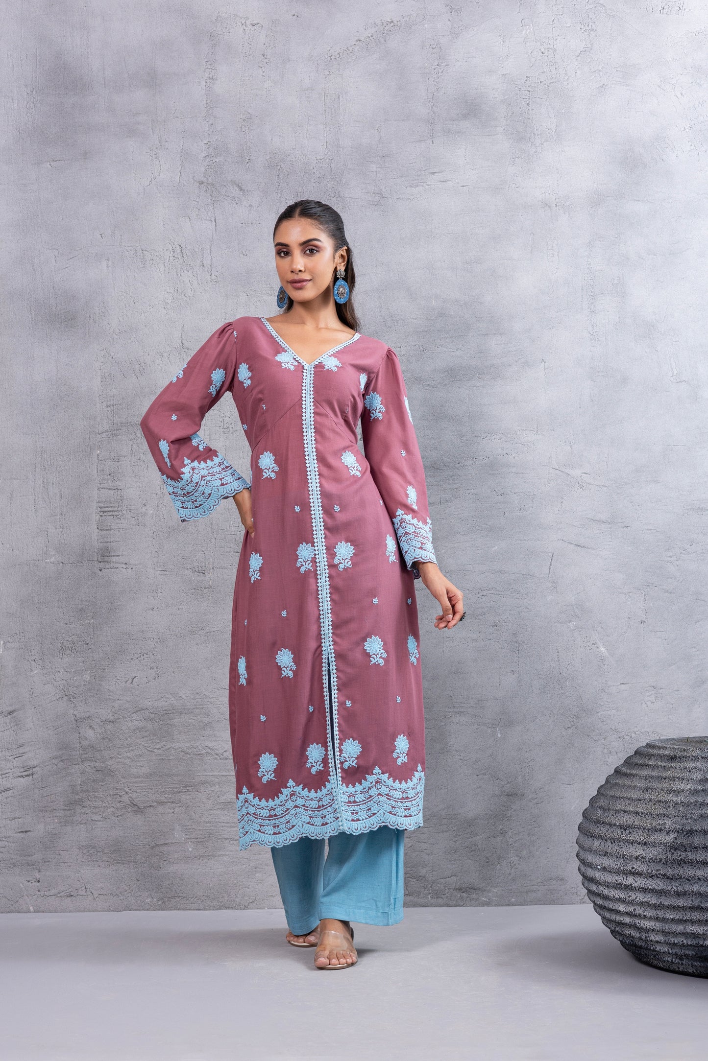 Dusty Pink and Blue embroidered kurta set
