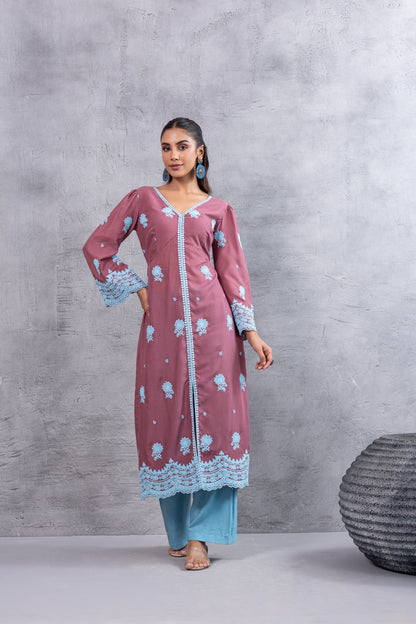 Dusty Pink and Blue embroidered kurta set