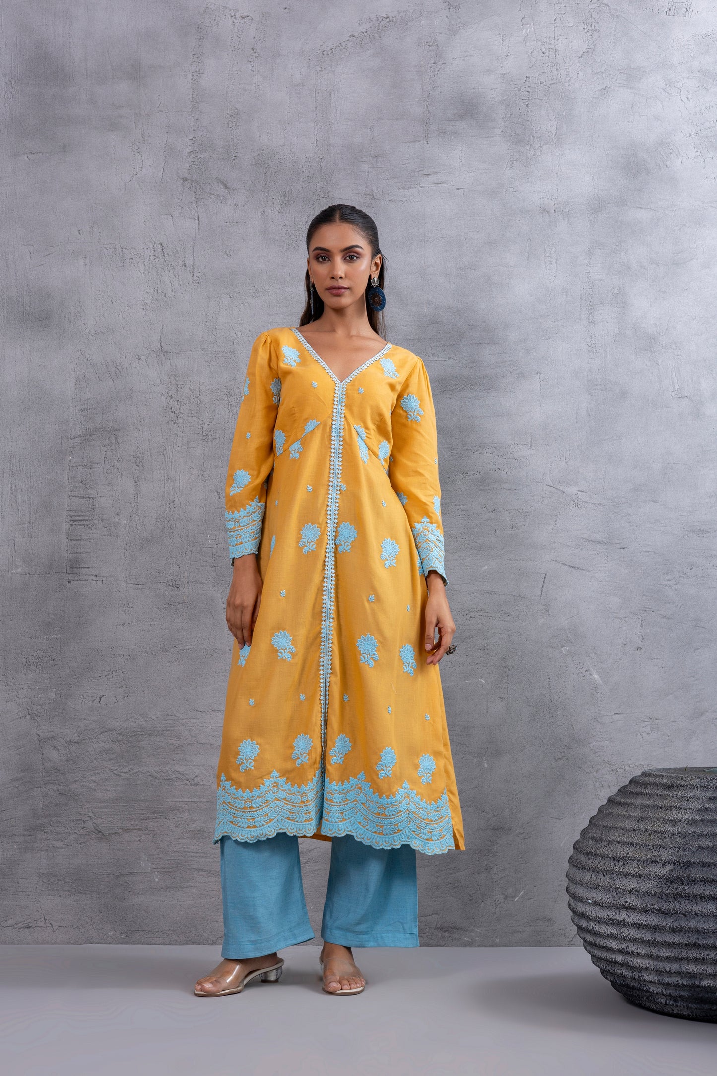 Honey Blue Floral Embroidered Kurta Set