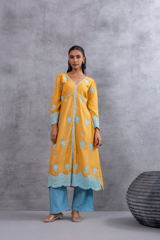 Honey Blue Floral Embroidered Kurta Set