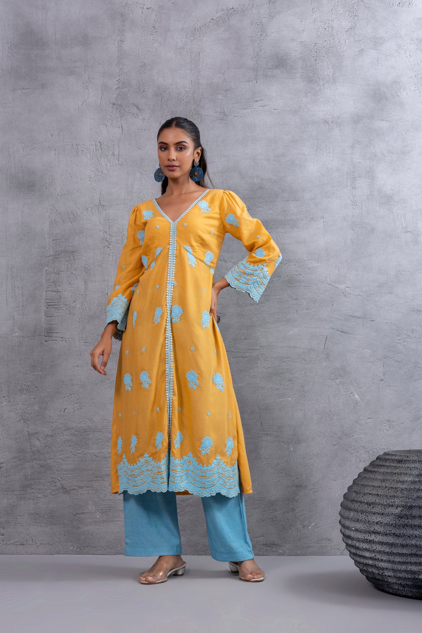 Honey Blue Floral Embroidered Kurta Set