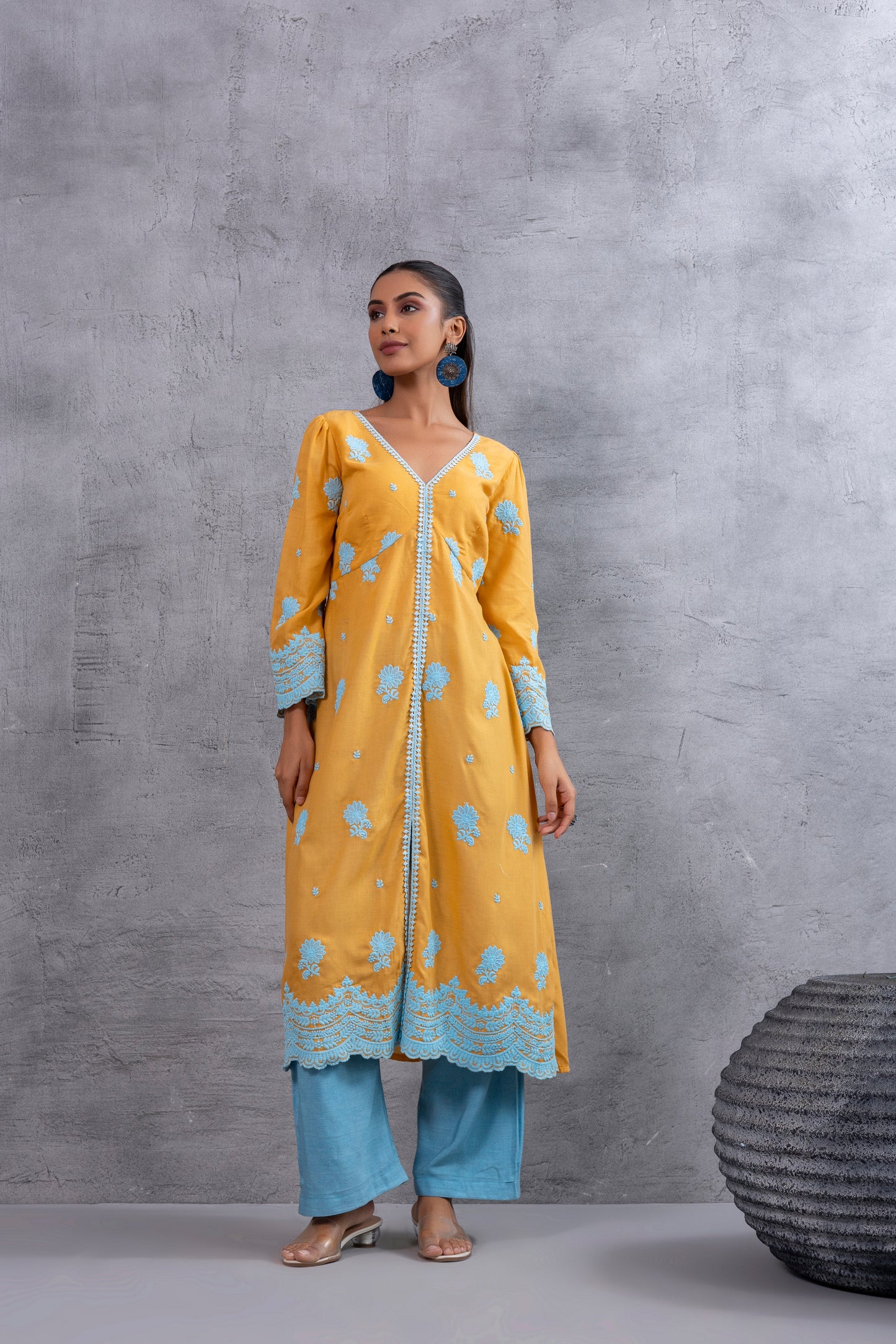 Honey Blue Floral Embroidered Kurta Set