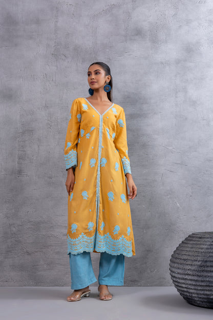 Honey Blue Floral Embroidered Kurta Set