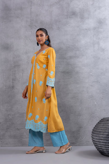 Honey Blue Floral Embroidered Kurta Set