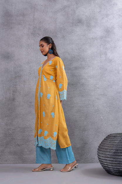 Honey Blue Floral Embroidered Kurta Set